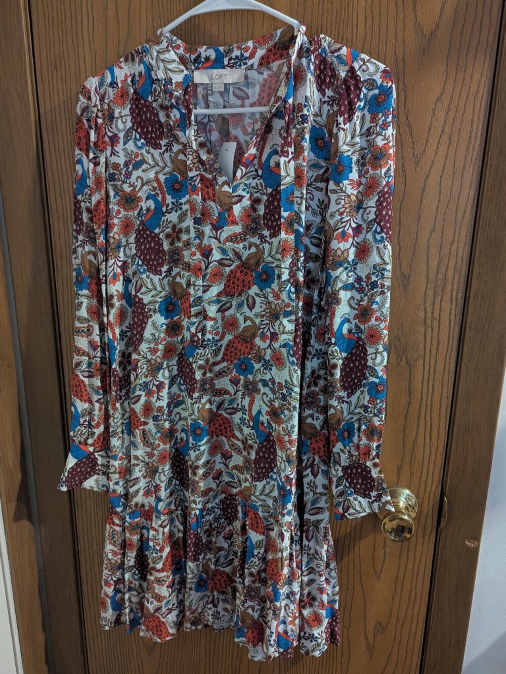 NWT Loft Peacock Floral Earth Tones Vintage Inspired Shift Dress Pleated Hem XS